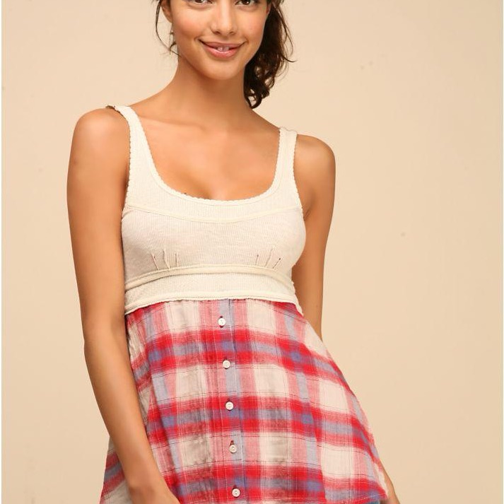 Free People Rare Y2k Babydoll Top Womens Xs Plaid Coquette Boho Tank